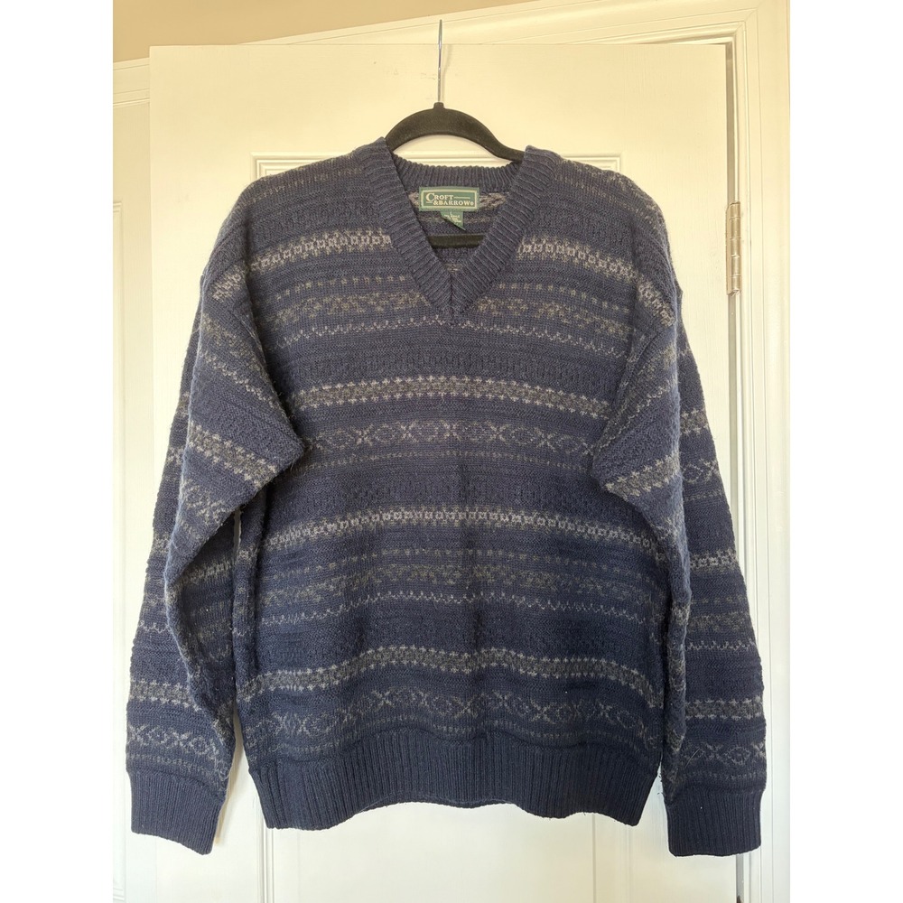 Vintage Croft & Barrow Mens Navy Blue Fair Isle V-Neck Wool Blend‎ Sweater Large